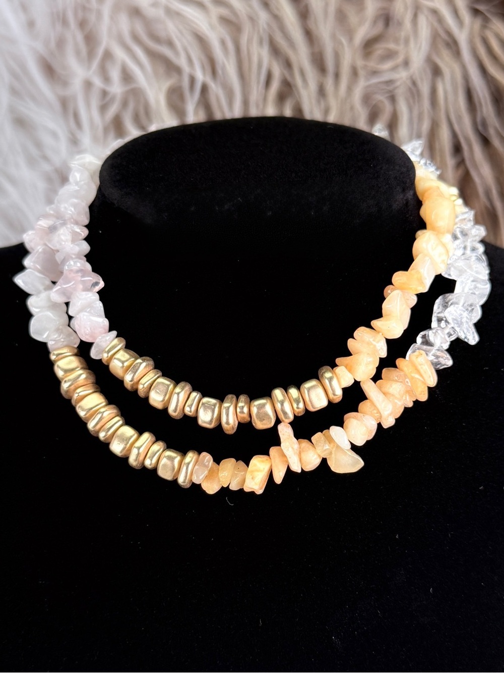 Mixed Stone Chip Gold Tone Bead Long Necklace Layering Boho Artisan Style